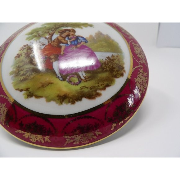 Vintage RH Limoges France Powder Vanity Trinket Box Burgandy and off white with - Picture 2 of 10